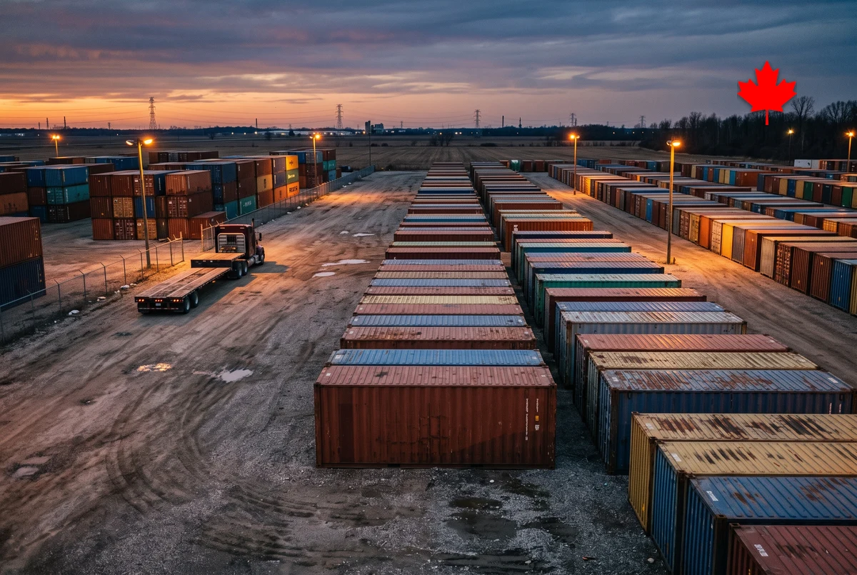 Container rows under yard lights at dusk with a flatbed truck idling