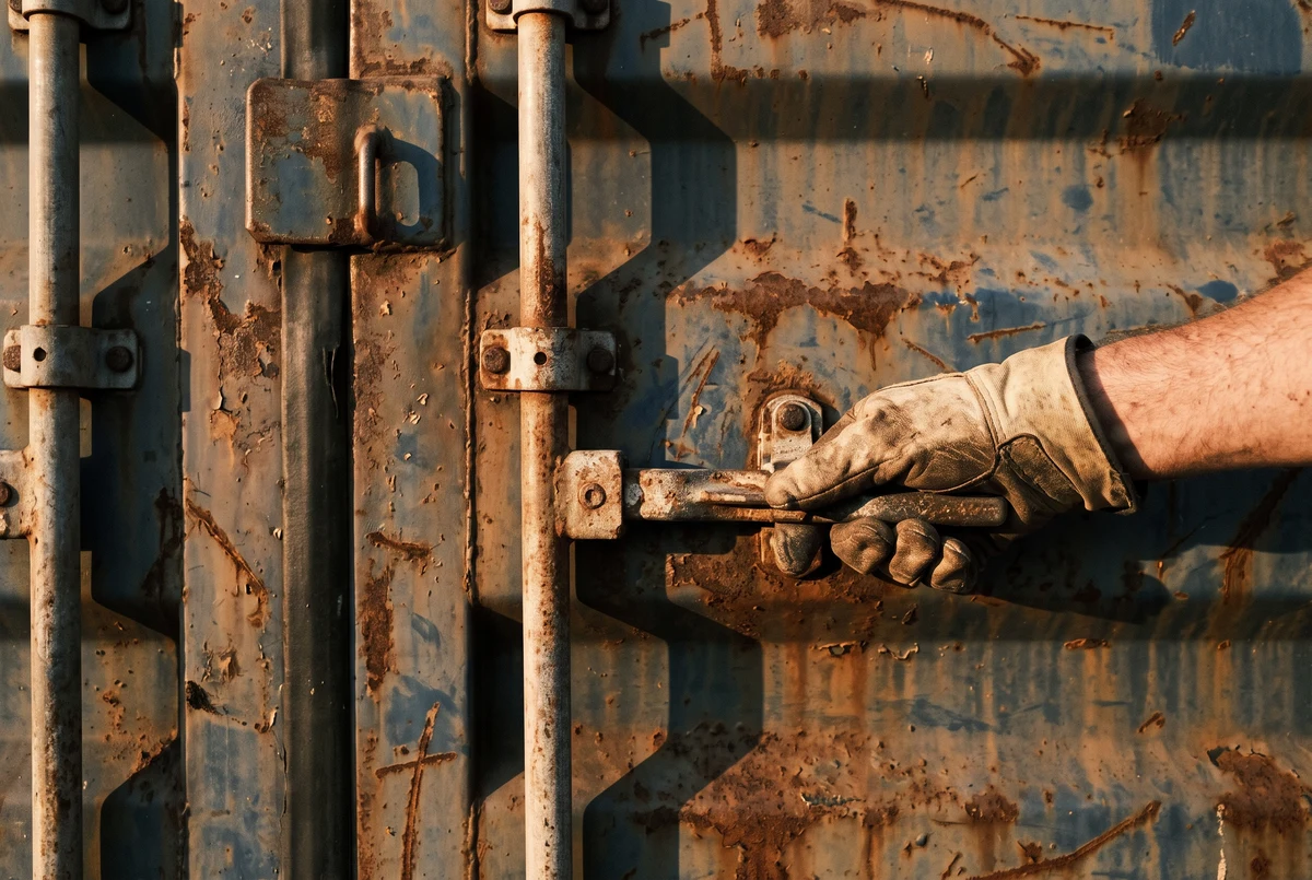 Gloved hand working a container door locking rod during an inspection