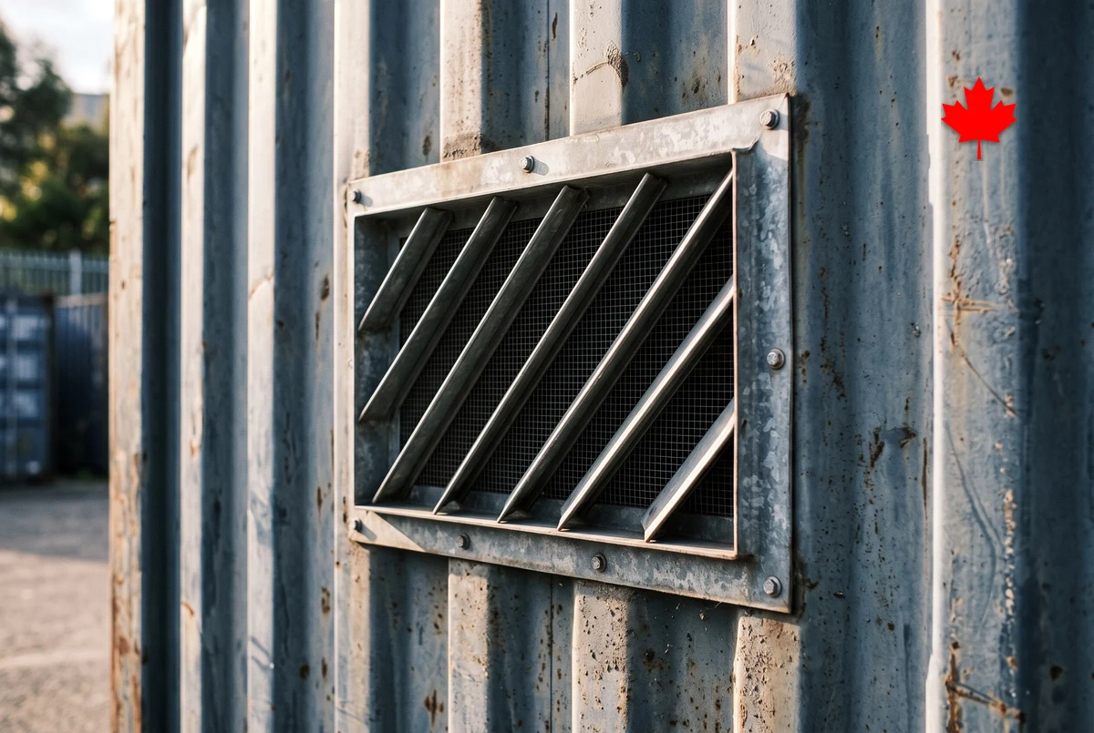 Louvre vent with insect screen bolted into a container corrugated wall