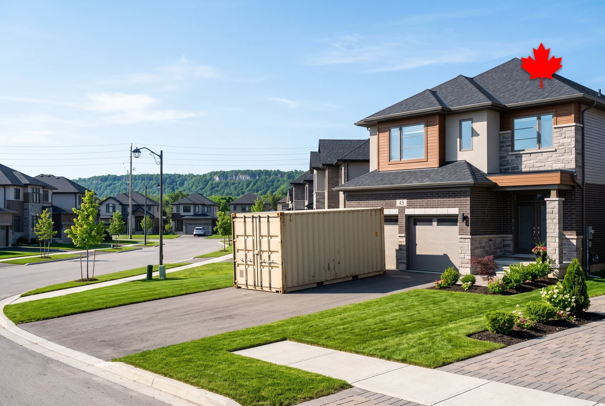 Tan storage container on a new subdivision driveway with the escarpment on the horizon