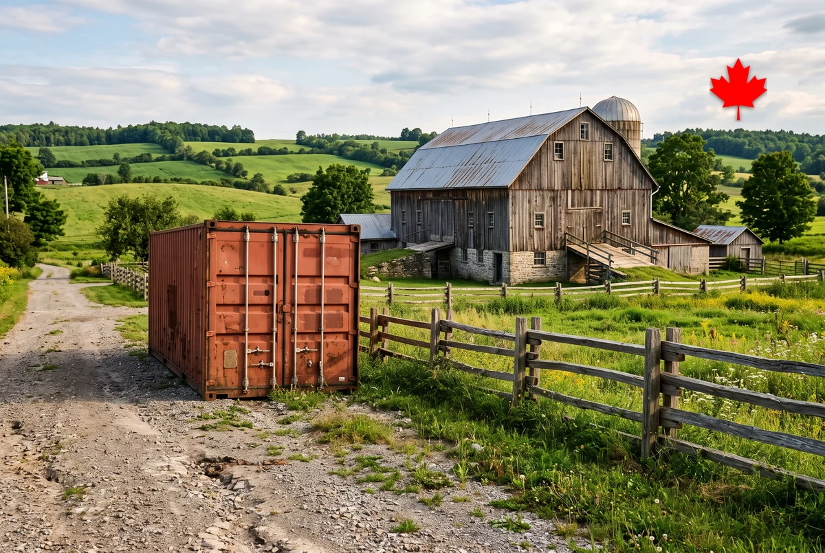 Rust-red container at the end of a farm laneway with a bank barn behind
