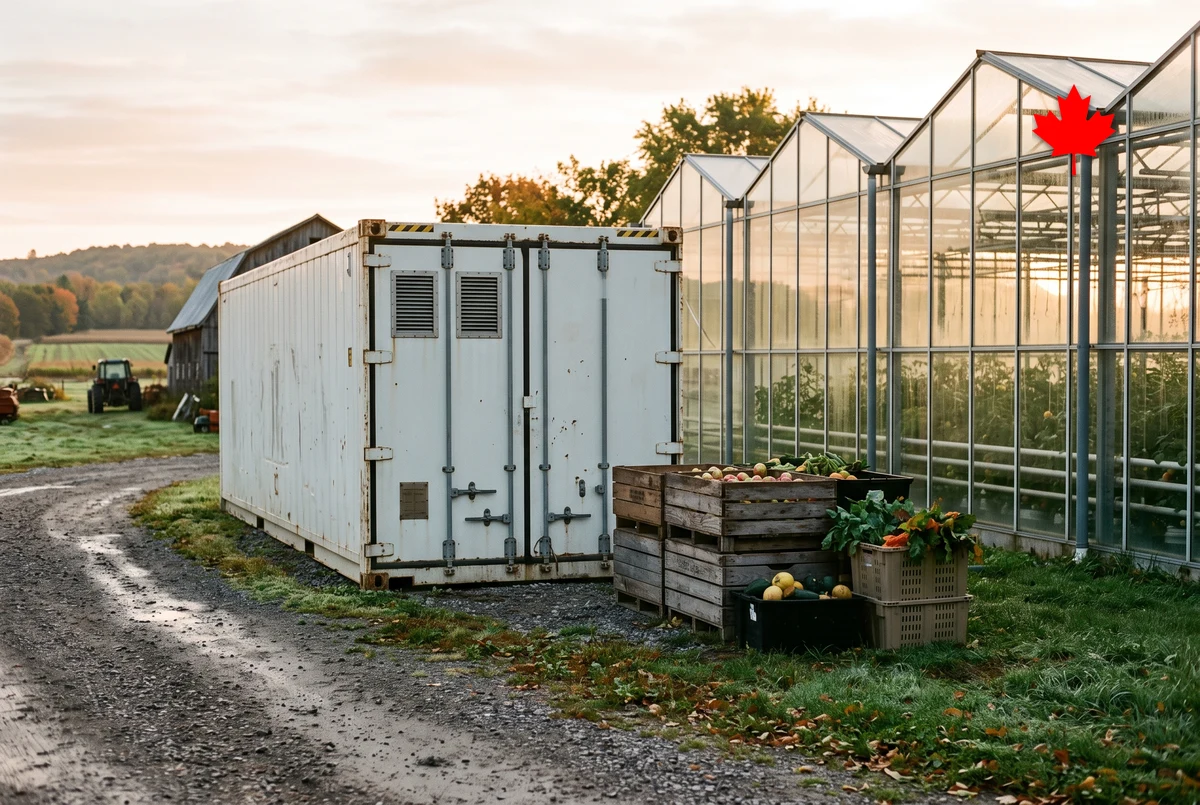 A white refrigerated container staged beside greenhouse rows with harvest crates waiting