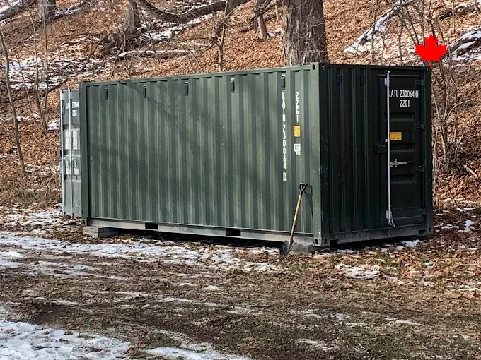 A green used 20ft container wearing its working history honestly