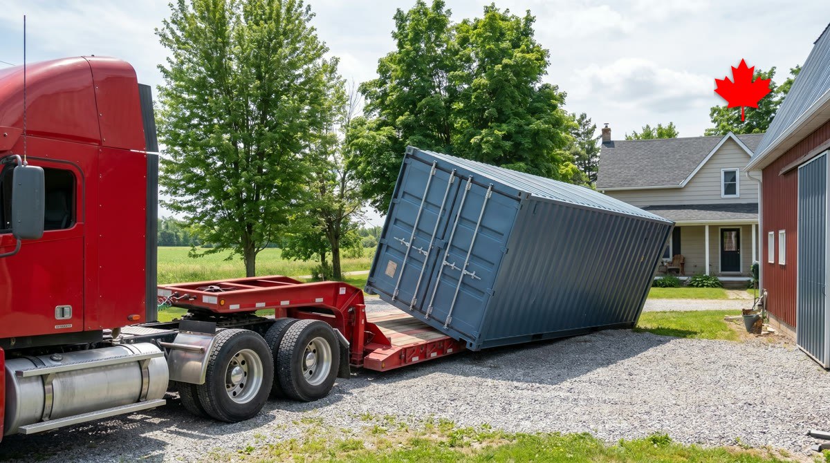 Rental container part-way down the tilt-deck on delivery day