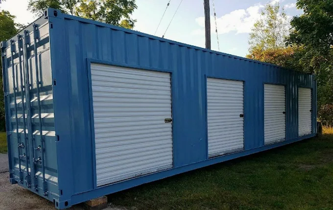 40 ft shipping container with two roll-up doors cut into the side