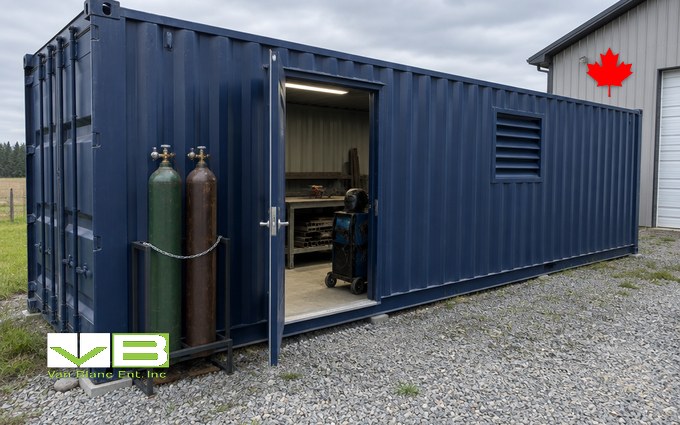 A dark blue shipping container fitted with a personnel door and a louvred wall vent, two compressed gas cylinders chained upright in a rack beside the open door, on a gravel pad next to a grey steel-clad shop
