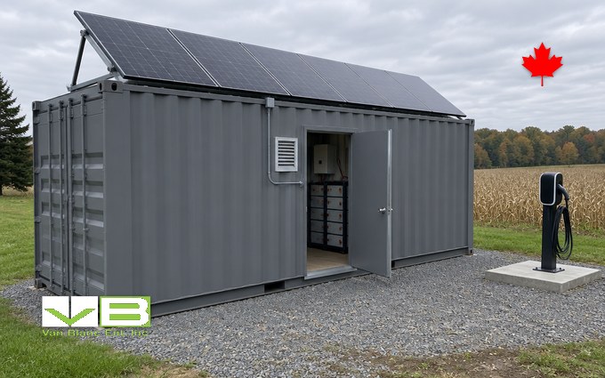 A grey 20-foot shipping container on a rural Ontario property with a tilted rack of solar panels on its roof, a man door and louvred vent cut into the side, conduit running to the door, a battery cabinet visible inside, and an EV charger pedestal on a small concrete pad beside it
