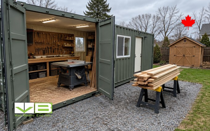 A 20-foot shipping container converted into a woodworking workshop with a man door and window cut into the side, its cargo doors open to show a workbench, a table saw and tools on a pegboard wall, with lumber on sawhorses outside on a gravel pad and a small wooden workshop shed in the neighbouring yard