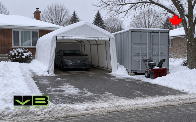 A white peaked-roof fabric car shelter on a galvanized tube frame with snow on its roof and a sedan inside, in a suburban Ontario driveway beside a grey 10-foot shipping container on blocks with a snowblower in front of it