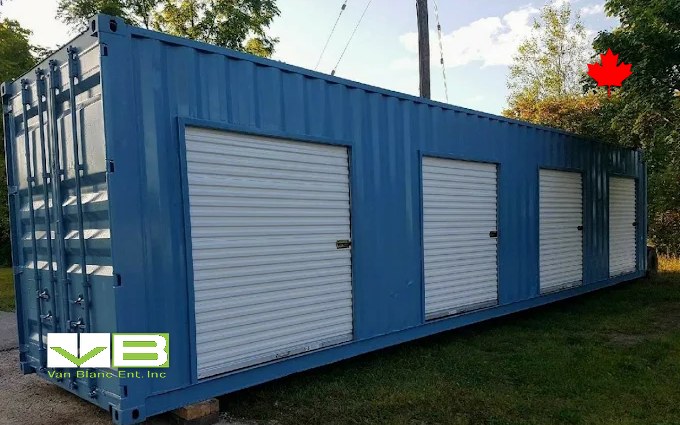 A 40-foot shipping container fitted with two roll-up doors along its side, standing in the yard