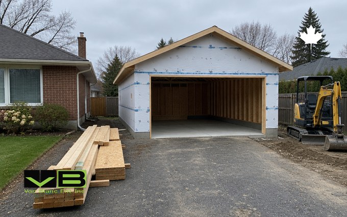 A newly framed detached two-car garage wrapped in house wrap, with a fresh concrete slab visible through the door opening, beside a brick bungalow with lumber stacked on the driveway and a mini excavator at the side