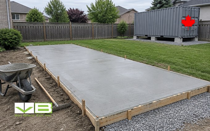 A freshly poured backyard concrete pad with its wooden form boards still on and a compacted gravel base showing at one edge, a wheelbarrow and rake beside it, and a grey shipping container on concrete blocks over a gravel pad in the neighbouring yard