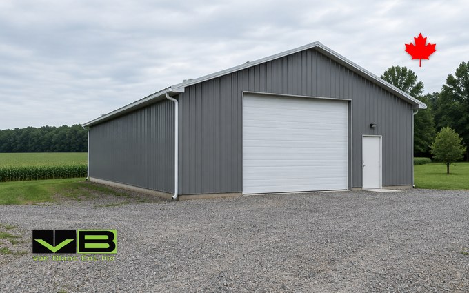 A grey ribbed-steel building with a white overhead door and a man door standing on a gravel yard, with a cornfield and a treeline behind it under an overcast sky