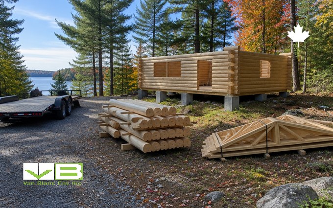 A small milled-log cabin kit half assembled on a raised pier foundation in a clearing of pines and maples, with stacked numbered logs and a bundle of roof trusses on the ground beside it and a flatbed trailer on the gravel lane