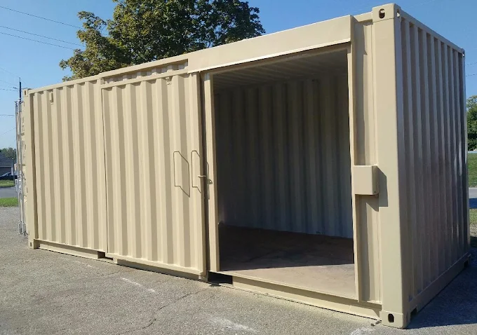 One-trip cargo container with its doors open in the Van Blanc yard in Brantford