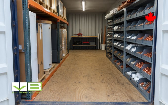 Inside a shipping container fitted as a contractor's parts store, with boxed water heaters on pallet racking along the left wall, bins of copper and plastic fittings on shelving along the right, and a workbench with a pipe vise at the far end
