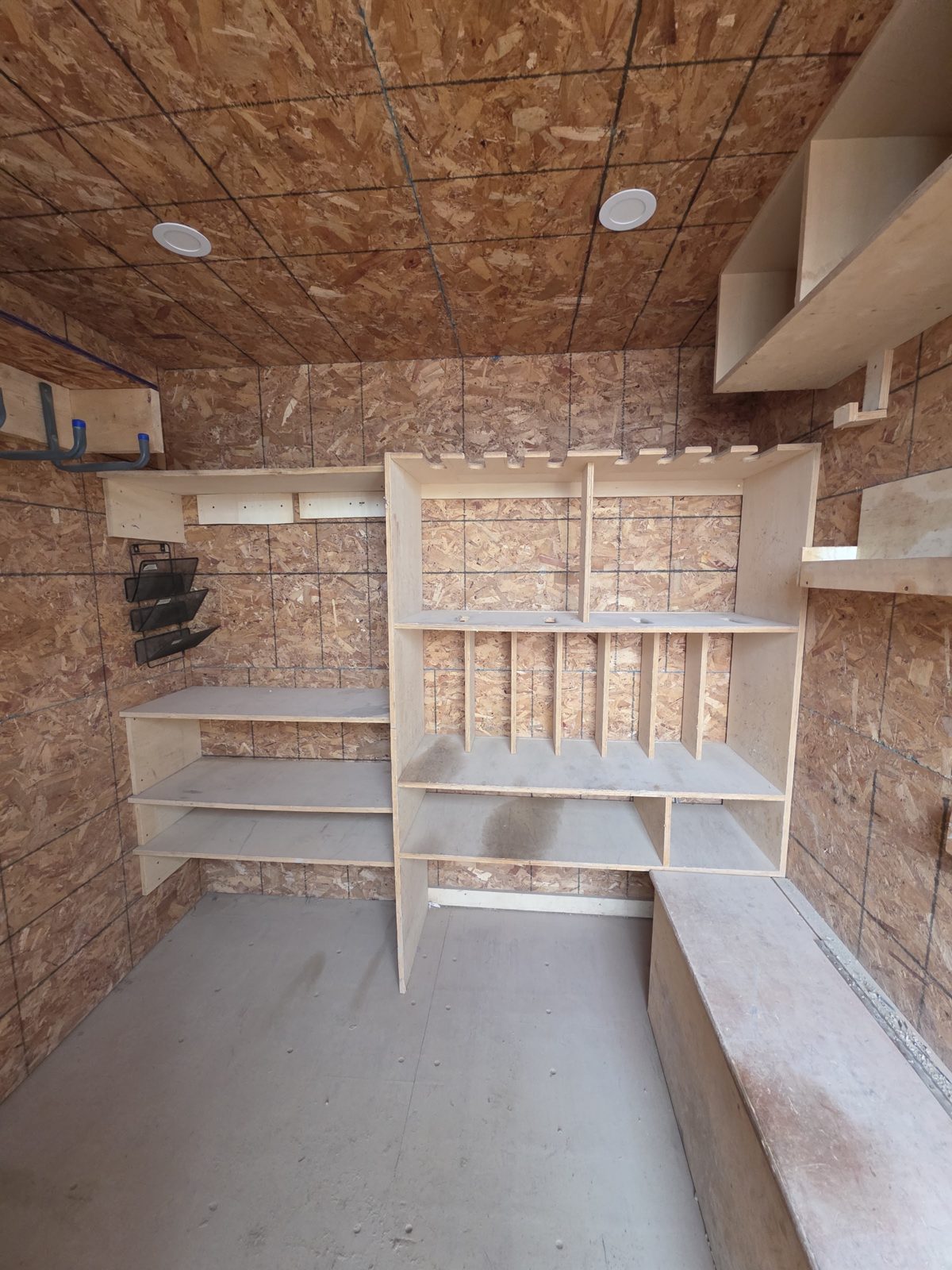 Plywood shelving with slotted dividers along the back wall of an OSB-lined container, a lidded plywood bench to one side and round lights in the ceiling