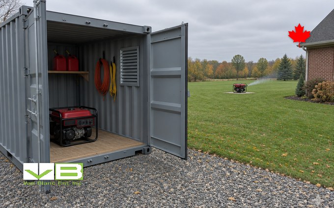 A 10-foot grey shipping container with its doors open showing a red portable generator on the plywood floor, two red jerry cans on a shelf, coiled cords on hooks and a louvred vent, with a second generator running in the open far across the lawn from a brick house