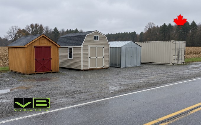 A gravel sales lot beside a two-lane road with a wooden gable shed with a barn-red door, a tan vinyl lofted barn shed, a galvanized steel garden shed and a beige 20-foot shipping container in a row, with a farm field and treeline behind