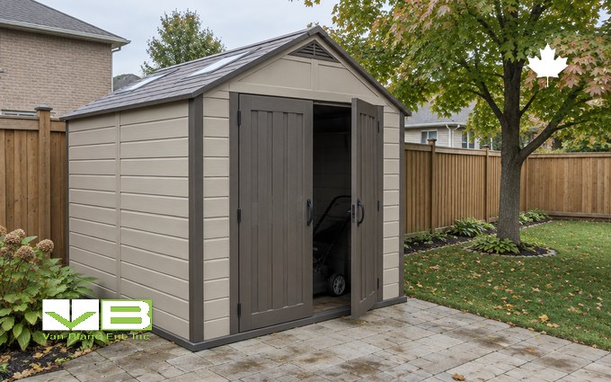 A tan resin storage shed with dark brown double doors and roof skylights on a paver patio, a lawn mower inside the open door, with a cedar fence and a maple tree behind it