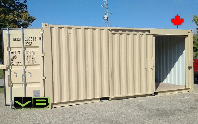 A tan 20-foot unit with a side opening rolled back, showing the bright empty interior a conversion starts from