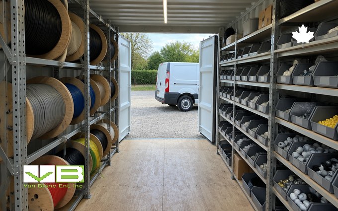 Inside a shipping container fitted with a steel rack of cable spools along one wall and grey parts bins on shelving along the other, looking out through the open doors to a white cargo van on gravel