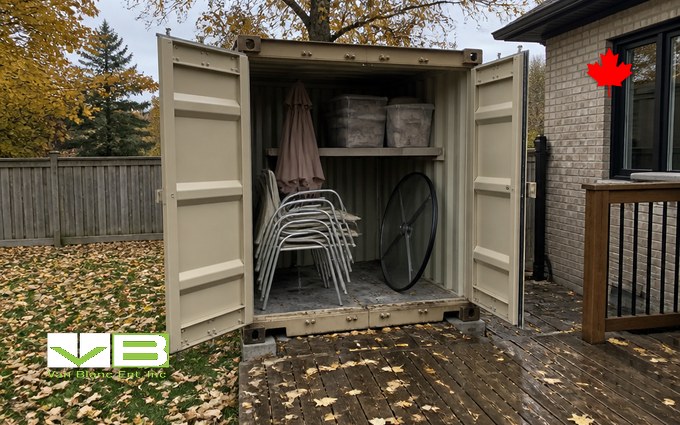 A beige steel container with both doors open at the end of a wet wooden deck, holding a stack of metal patio chairs, a folded market umbrella, a round table base and lidded bins on a shelf, with maple leaves across the deck and lawn