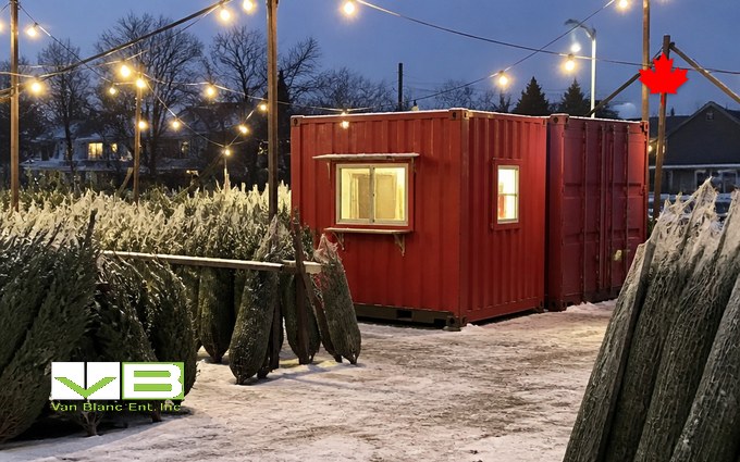 A red steel container sales hut with a lit service window beside a second red container, at a Christmas tree lot at dusk with netted trees leaning on racks under strings of warm bulbs and a dusting of snow